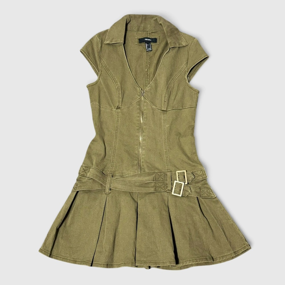 Y2K Cargo Mini Dress S Olive Green Belted Pleated Zip Up Utilitarian Grunge